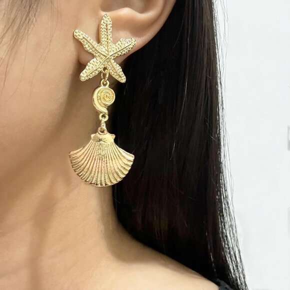 Gold Starfish Shell Dangle Earrings for Women - Beach Jewelry, Lightweight, Perf - Picture 2 of 7